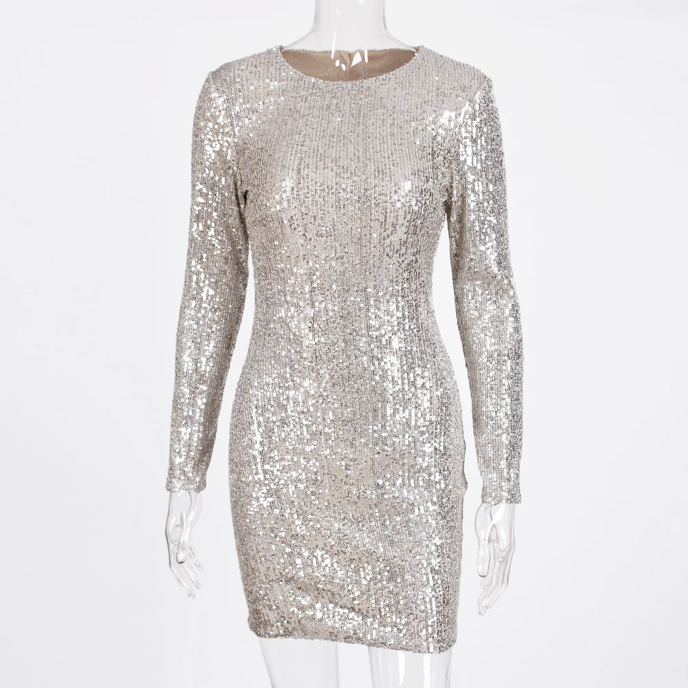 Эластичное облегающее мини-платье с блестками в полоску с подкладкой из пайеток; вечерние платья с круглым вырезом на молнии с длинными рукавами; платье для ночного клуба - Color: Silver