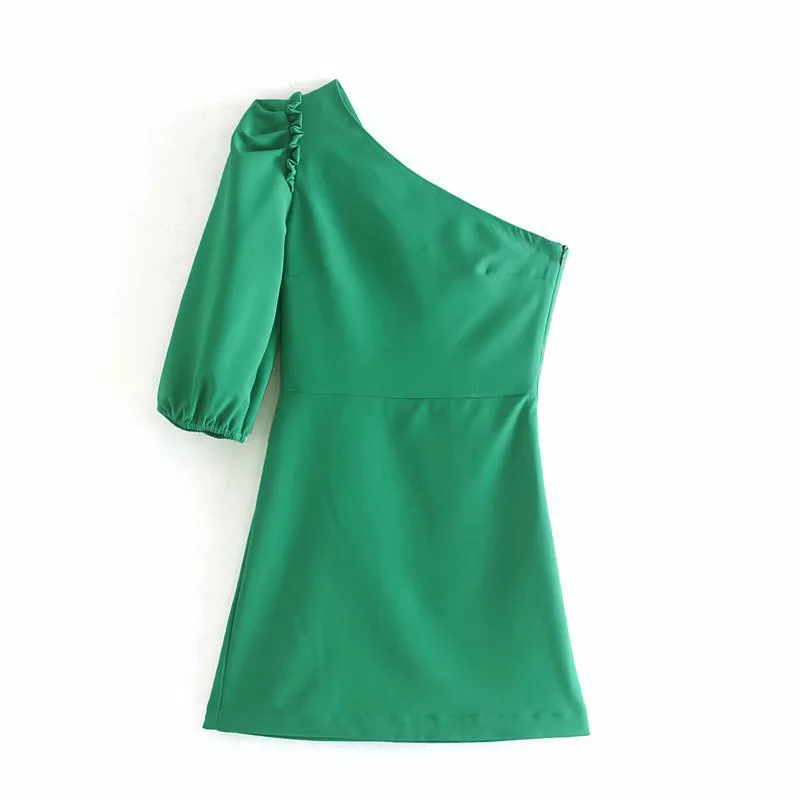 women sexy one shoulder mini dress skew collar side zipper backless irregular green party club dresses vestidos