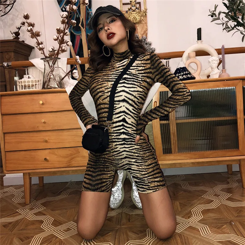 Tiger Skin Модный женский комбинезон с длинным рукавом и леопардовым принтом, Облегающий комбинезон с высоким воротом, Клубная одежда с длинным рукавом, вечерние Брюки, новинка - Цвет: Tiger Skin