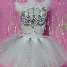 Рождественские Rave вечерние светодиодный бюстгальтер с хрустальными бусинами мини-юбка наряд для бара клуба DJ певица танцовщица одежда для сцены танцевальный костюм для ночного клуба