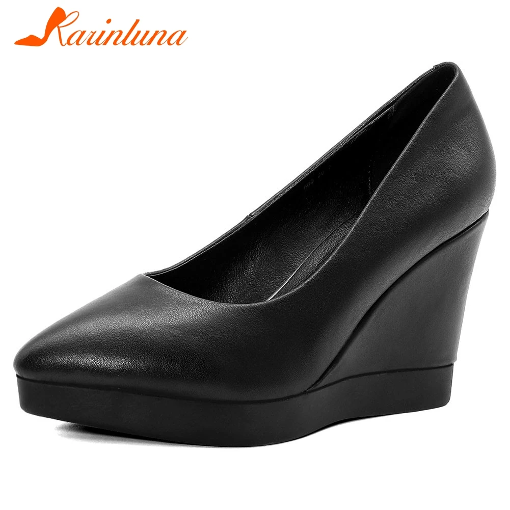 

Karinluna New Fashion 2020 Genuine Cow Leather Wedges High Heels Concise Pumps Woman Shoes Slip On Pointed Toe Shoes Women Pumps