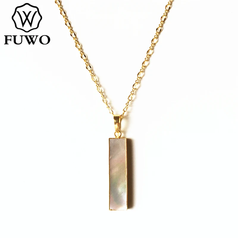 

FUWO Natural Mother of Pearl Necklace With Golden Brass Chain Simple Rectangle White Shell Jewelry For Women NC533 5Pcs/Lot