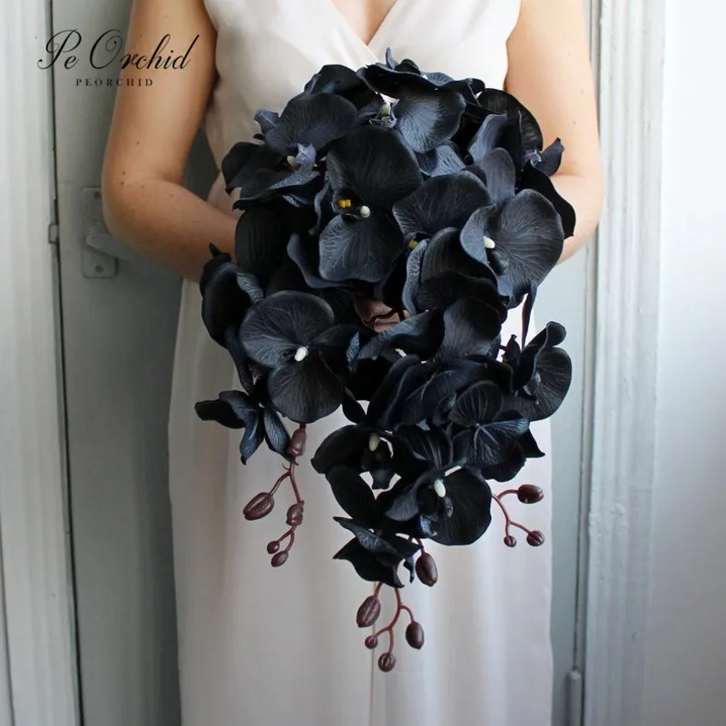 PEORCHID Gothic Wedding Bouquet Black Orchid Bridesmaid Flower