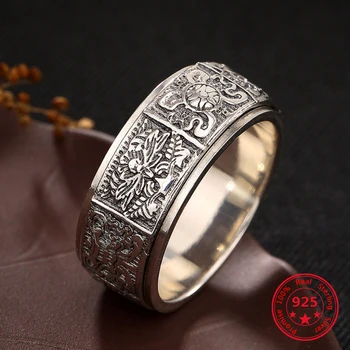 

Real 925 Sterling Sliver Vintage Rings for Men Women Buddhism Eight Auspicious Charm Personality Can Rotate Rings Jewelry Gift