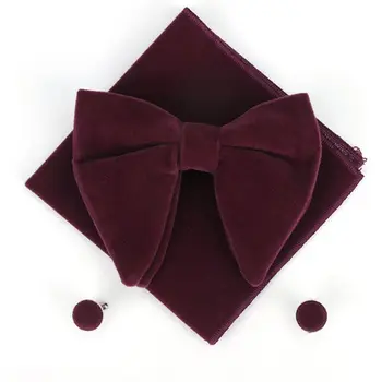 

Men Solid Color Velvet Oversized Pre-Tied Big Bow Tie Cufflinks Hankie Combo Set 40JF