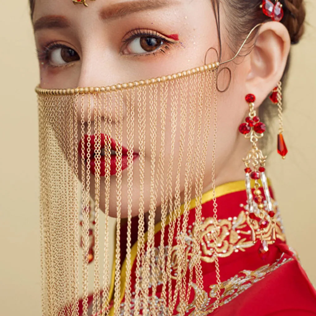 Traditional Chinese Golden Chain Tassel Red Beads Bridal Wedding Veil Curtain Fringed Elegant Fashion