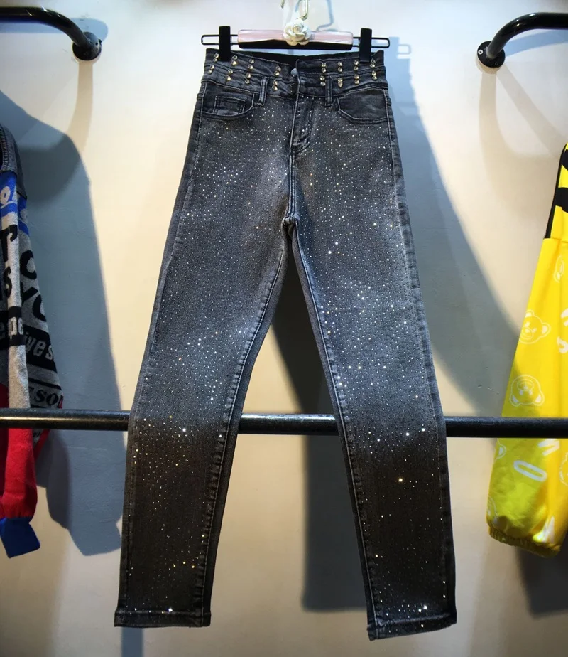 Узкие брюки-карандаш для женщин с бриллиантами; Лидер продаж; джинсы с высокой талией и отделкой; Узкие эластичные джинсы с 9 точками; женская уличная одежда для девочек