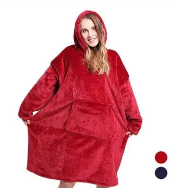 Однотонное синее, серое, красное Флисовое одеяло с капюшоном, с рукавами, шерпа, плюшевое, зимнее, уличное, с капюшоном, халат, мягкое, теплое, носимое одеяло для телевизора - Цвет: red