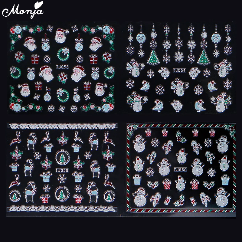 Monja 12 стилей/лист золотая граница дизайн ногтей рождественские самоклеющиеся наклейки зимние рождественские 3D Декоративные наклейки для маникюра