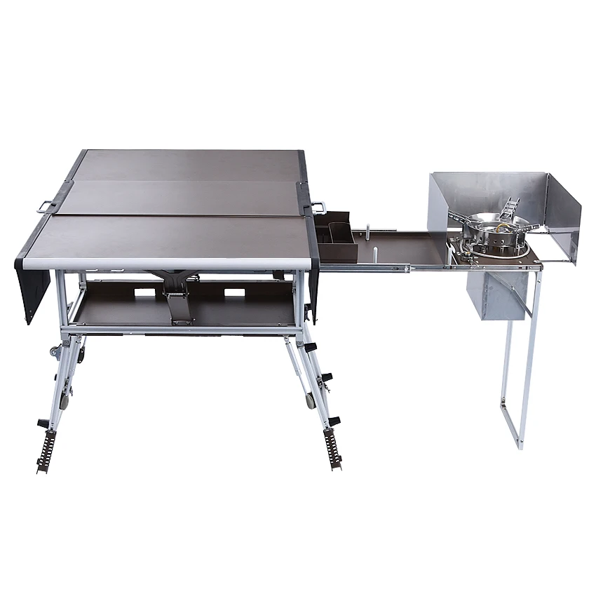 5-7 Person Outdoor Mobile Kitchen Foldable Picnic Table with Gas Stove and Tableware Cookware Set Camping picnic C550/C650