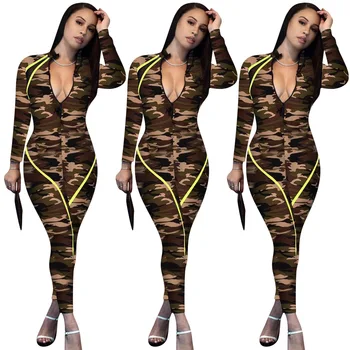 

selling autumn and winter women camouflage tight sexy Jumpsuit v-neck long sleeve night club Zipper clothing