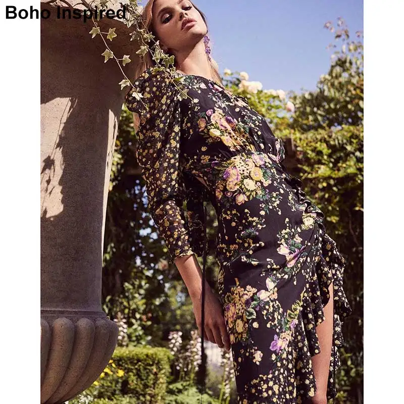 

BOHO INSPIRED ROSS MIDI DRESS women Sheer Chiffon Sleeves black floral party dress Keyhole back boho dress female chic vestidos