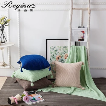 

REGINA Pillow Case 100% Cotton Super Soft Elegant Knit Cushion Cover White Blue Green Tassel Homer Decor Sofa Throw Pillow Cover