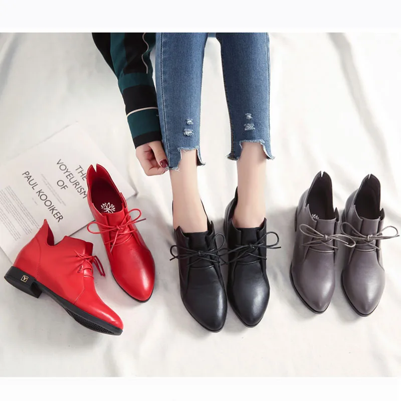 Women's shoes spring and autumn new pointed toe high-heeled short boots thick heel red leather Martin Harajuku boots