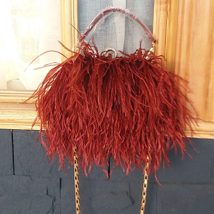 2022 Luxury Ostrich Feather Party Evening Clutch Bag Women Wedding Purses and Handbags Small Shoulder Chain Bag Designer Bag