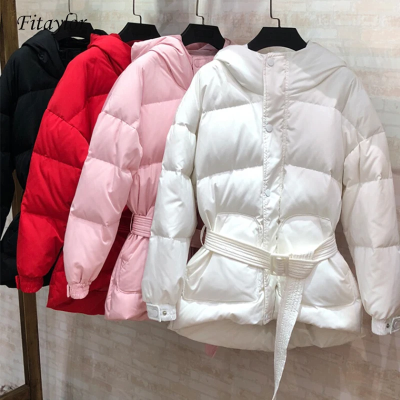 Fitaylor ультра светильник женский зимний тонкий пуховик с капюшоном и поясом черный