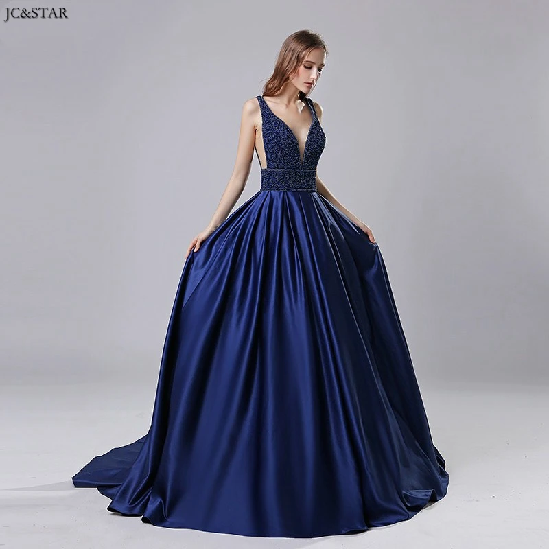 Vestido madrinha, новинка, атласное, расшитое бисером, сексуальное, v-образный вырез, ТРАПЕЦИЕВИДНОЕ, королевское, синее, платье подружки невесты со шлейфом, свадебное платье для гостей