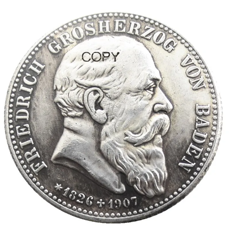 1907 Německé státy BADEN 2 Mark Silver Silver Plated Coin Coin