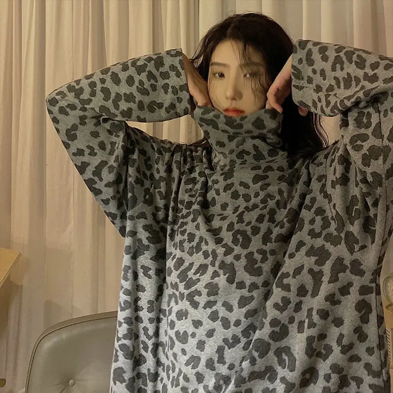 

Women Hoody Casual Broadcloth Full Turtleneck Leopard Print Pullovers Fashion Sweatshirt Women Loose Girls