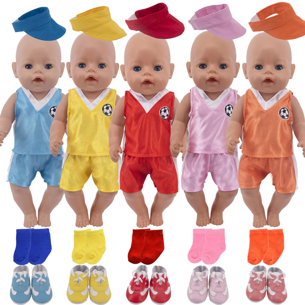 

Одежда для кукол 4 шт. = футболка с вышивкой майка шорты + шляпа + кроссовки + носки подходит для 18-дюймовых американских и 43 см подарок для куклы поколения