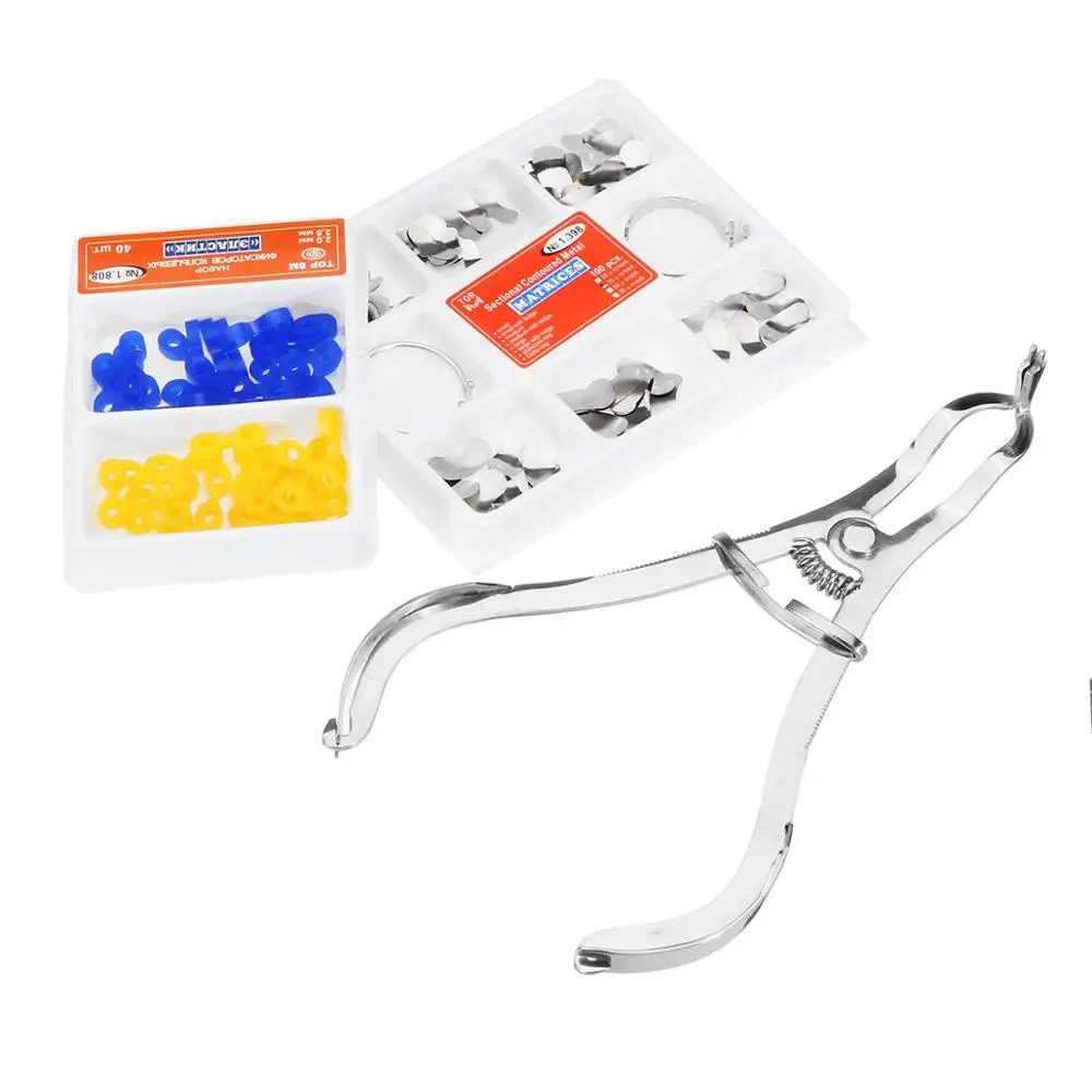 

100Pcs Dental Matrixs Sectional Contoured Metal Matrices Plier Matrixs Band Forming Clip Silicone add-on Wedges Rubber Dentist