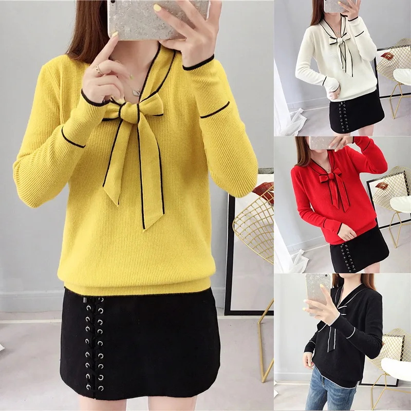 

Women Knitwear Spring Summer Solid Color Loose Drawstring Sweater Bow Tie Long Sleeve Sweater