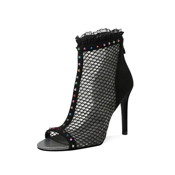 

2020 Summer Women Lace Boots Sandals Sexy Mesh Hollow Peep Toe Gladiator Booties 10CM Stiletto High Heels Ladies Crystal Shoes