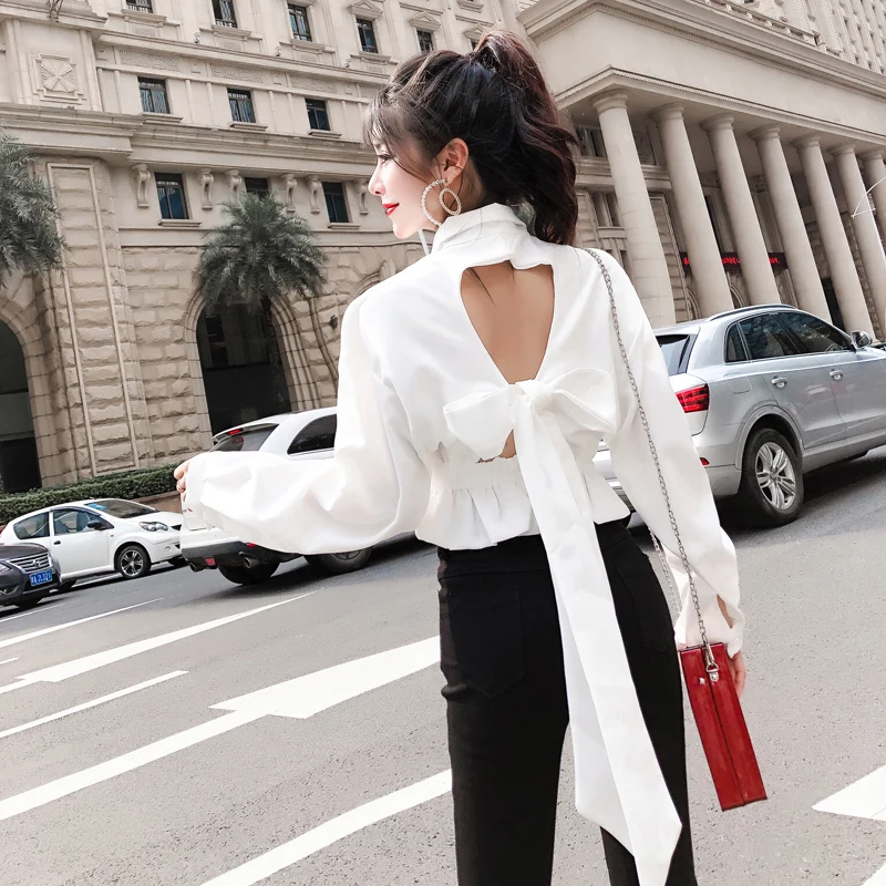 

NoEnName_Null Shirt Female 2020 Spring New Design Sense White Shirt Bow Open Back Long Sleeve Short Shirt Fashion Plaid 50A
