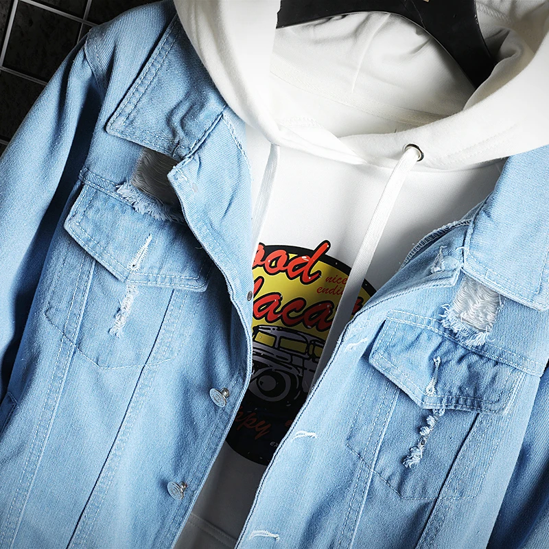 Autumn Hole Denim Jacket Men's Fashion Wash Solid Color Casual Denim Jackets Men Streetwear Hip Hop Bomber Jacket Mens M-5XL