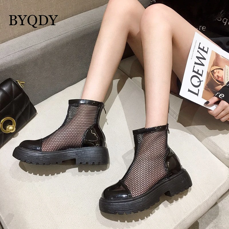 

BYQDY Summer Black Patent Leather Mesh Boot For Women Round Toe Hollow Med Heel Ankle Boots Lady Fashion Rome Shoes With Zipper