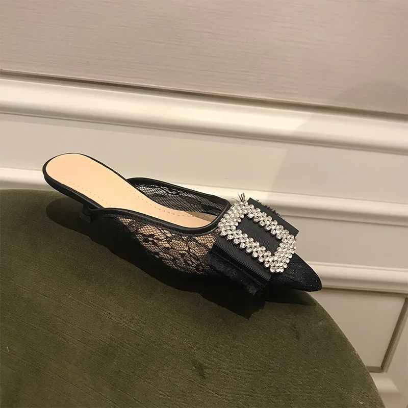 MONMOIRA Kitten Heel Luxury Rhinestone Women Mules Sexy Pointed Toe Heels Shoes Women Elegant Lace Wedding Shoes for Women E0757