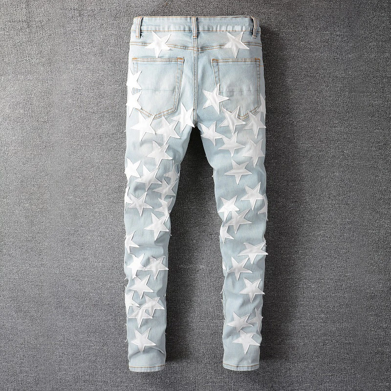 남성용 가죽 별 패치 디자인 청바지 streetwear 패치 워크 찢어진 스트레치 데님 바지 슬림 스키니 펜슬 바지