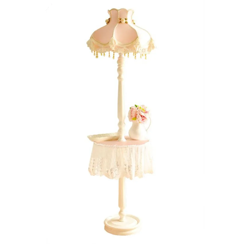 

European-style fabric lace floor lamp princess bedroom vertical bedside table lamp sofa storage table stand lamp