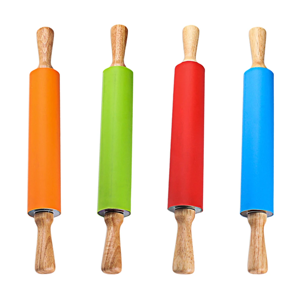 1pc Silicone Rolling Pin 38cm Non-Stick Wooden Handle Kitchen Tool For Pastry Dough Cookie Accessories Color Random
