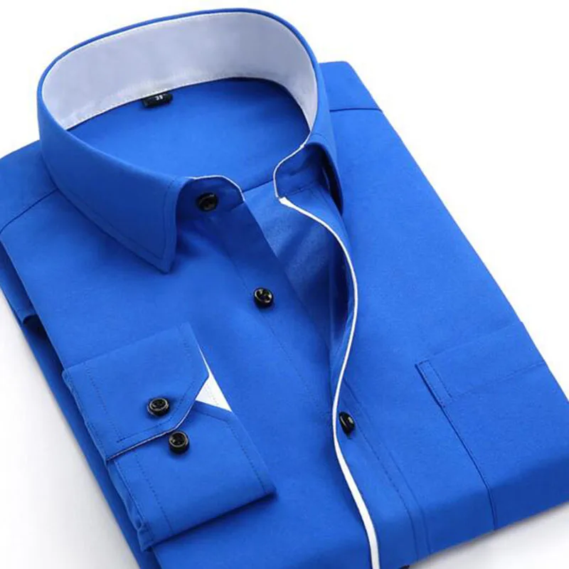 Мужские однотонные однобортные рубашки ярких цветов Camisa, тонкие рубашки из чистого хлопка высокого качества в английском стиле, одежда Vestido - Цвет: blue