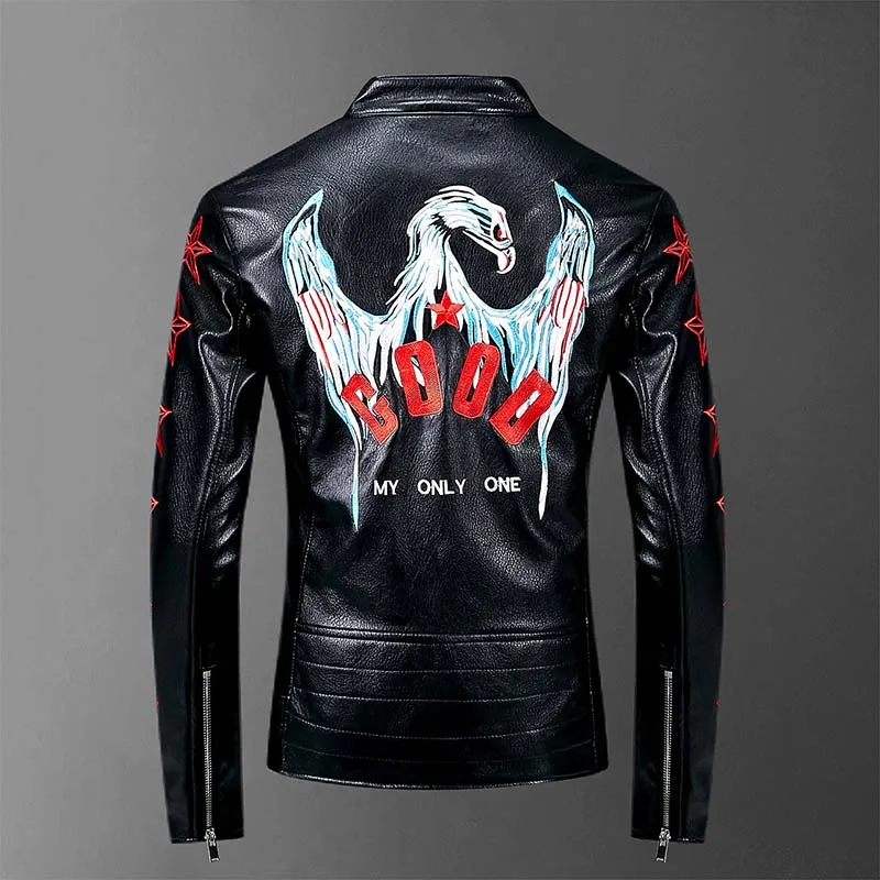 

KIOVNO Men Fashion Pu Leather Jackets Eagle Embroidery Motorycle Faux Leather Jackets Coats For Male Brand Designer