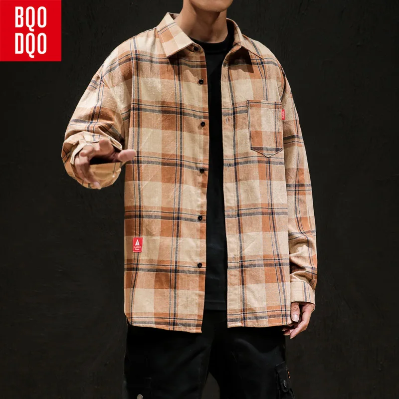 

BQODQO Plaid Long Sleeve Cotton Shirt For Men Casual Japanese Men's Clothing Plus Size 2019 Streetwear Autumn Preppy Shirts Top