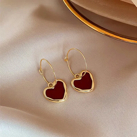 2021 new trendy wine red love earrings simple temperament net red wild personality earrings ear jewelry