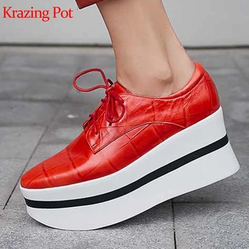 

Krazing pot natural sheep leather lace up round toe waterproof high heel women sneakers casual solid color vulcanized shoes L15
