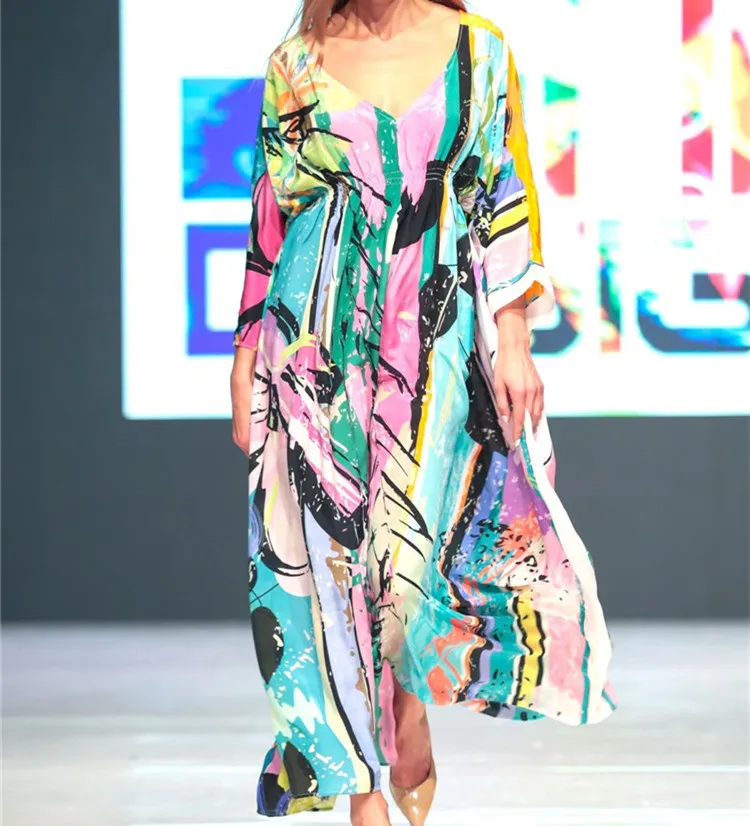 

Women Printed Long Beach Dress Robe Plage Female Large Size Cotton Bikini Cover Ups Elastic Waist Swimwear Tunics Saida De Praia