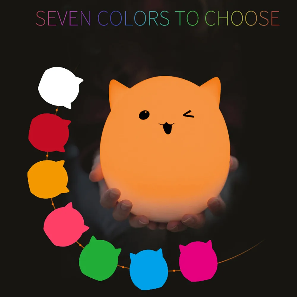 

LED Silicone Soft Night Light Lamp 7 colors Changeable Cute Cat Sensitive Tap Control USB Rechargeable for Home