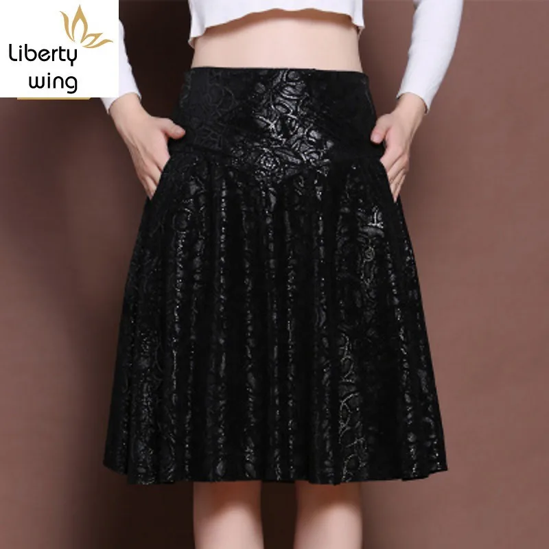 

Plus Size 5XL High Waist Female Sheepskin Leather Skirts Streetwear Slim Print OL A-Line Knee-Length Jupe Elegant Comfort Faldas