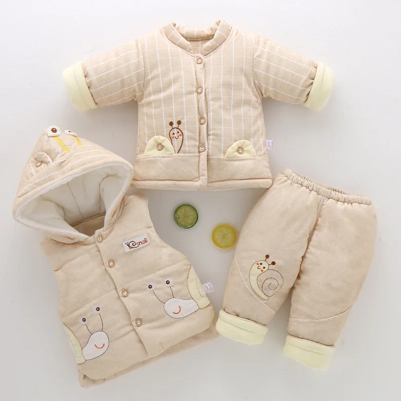

New Style Thick Cotton-padded Clothes Three-piece Set Baby Cartoon Snail Vest Suit Infants Hooded out Clothes