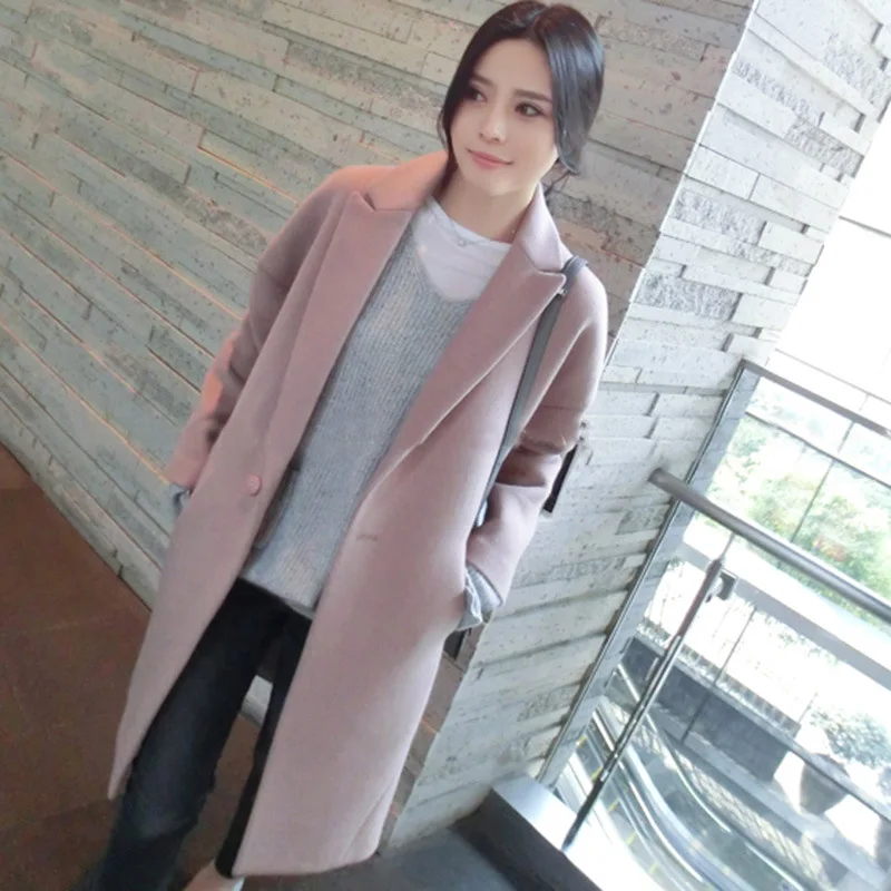 Осень и зима стиль корейский стиль кокон шерстяная куртка женское платье средней длины свободный силуэт розовая шерстяная верхняя одежда