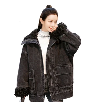 

2019 Winter Cowboy Loose Coat Cotton-padded Warm Jacket Women Thick Black Sheep Curly Hair Work Clothes Chaqueta Mujer Coats Hot