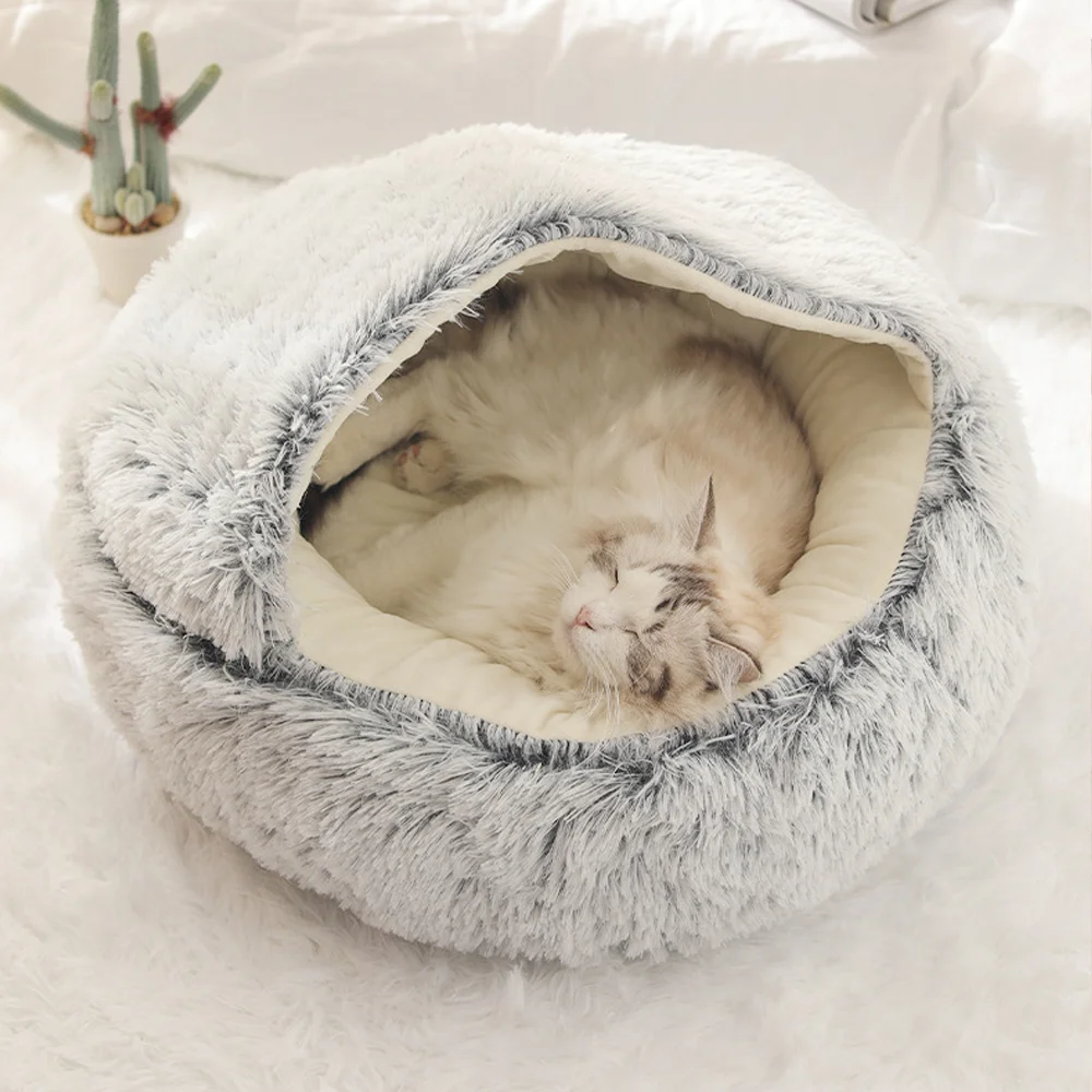 Winter Cat Bed Long Plush Pet Cat Cushion Warm Sleep Bag Bed Round Half-Pack Cat Basket Lounger Nest For Small Medium Large Dog