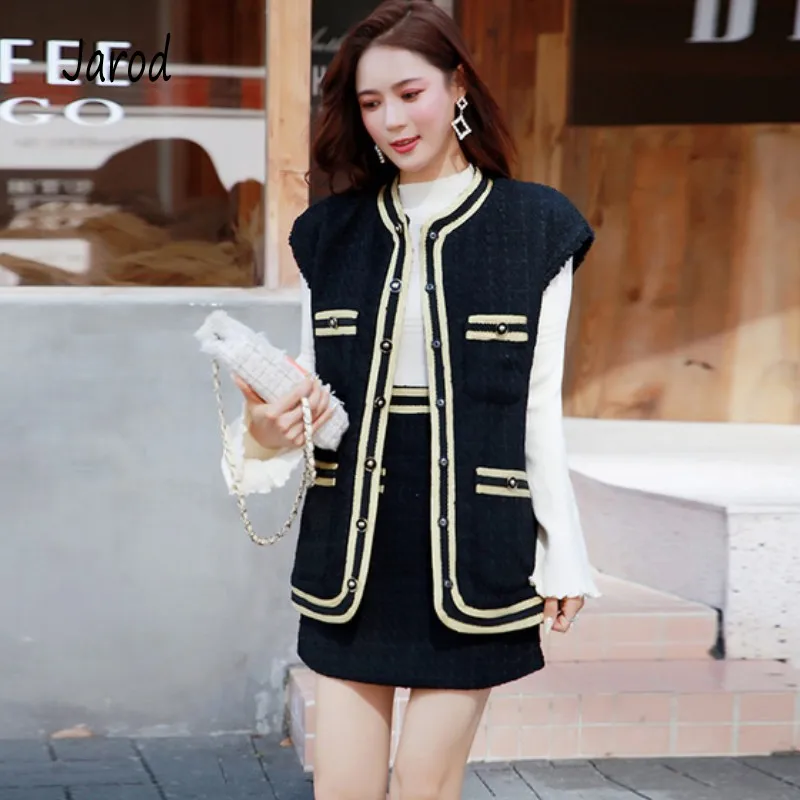 

Runway Women Tweed 2 Piece Set Fall Winter Black Hit Color Short Sleeve Tassel Loose Vest + High Waist A Line Skirt Set
