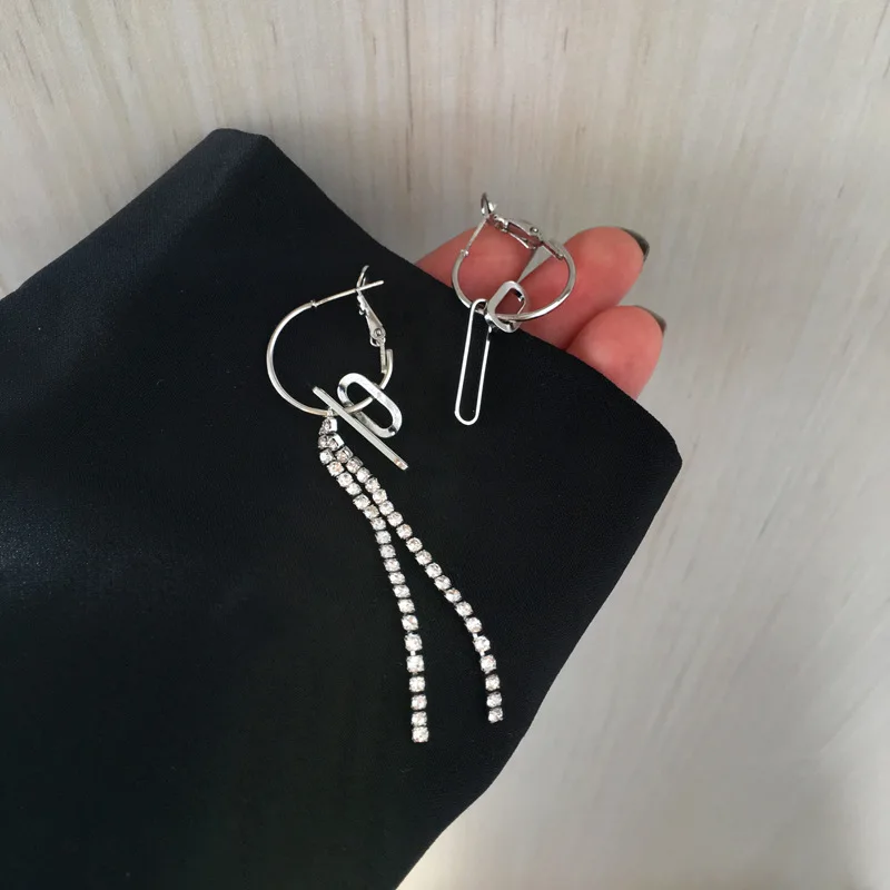 

New Punk Hoop Earrings Wholesale Hyperbole Rhinestone Tassel Geometric Pendant Silver Color Unisex Bijoux For Party Brincos