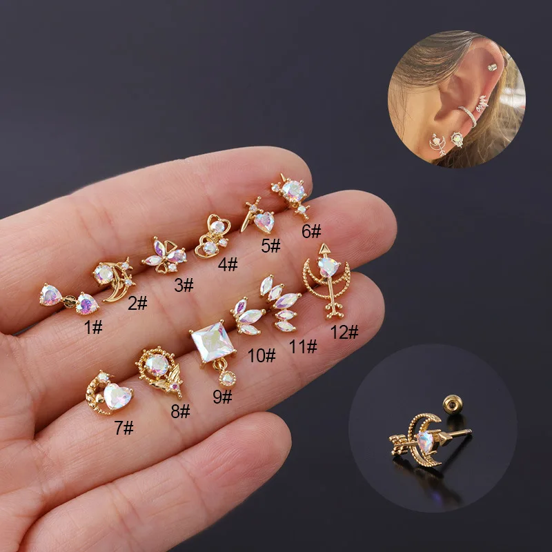 1Pc New Trendy 20G AB Color Crystal Moon Crown Stainless Steel Earrings Helix Cartilage Studs Tragus Ear Piercing - Image 2