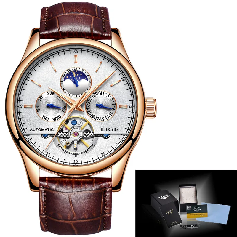 LIGE Брендовые мужские часы автоматические механические часы Tourbillon спортивные часы кожаные повседневные деловые часы в ретро-стиле Relojes Hombre - Color: Gold white L